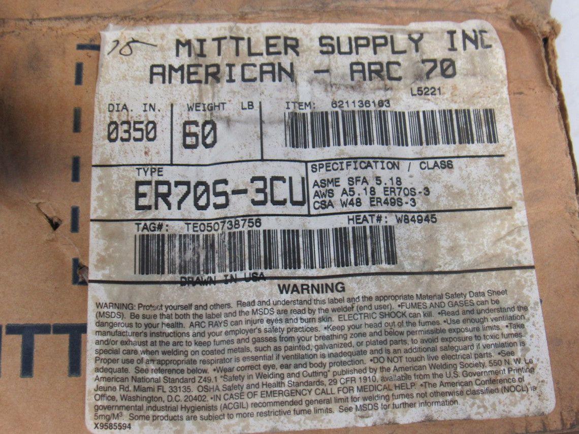 Mittler Supply ER70S-3CU American Arc 70 0.350 Copper Welding Wire 60# Spool