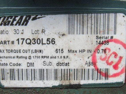 Dodge 1/3 HP 17Q30L56 30:1 Ratio 58RPM LH Output 208-230/460V Gear Motor Reducer