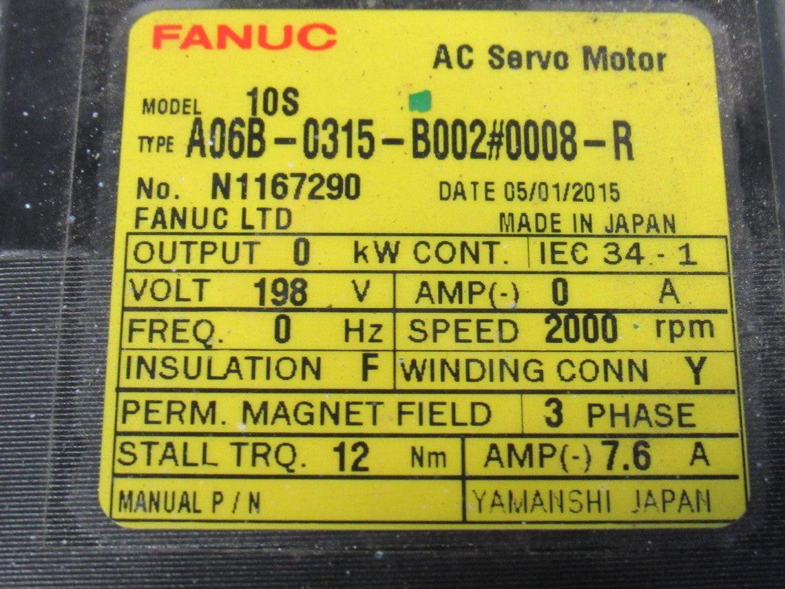 Fanuc A06B-0315-B002 10S 2000 RPM 3Ph 198V Perm Magnet 3Ph AC Servo Motor