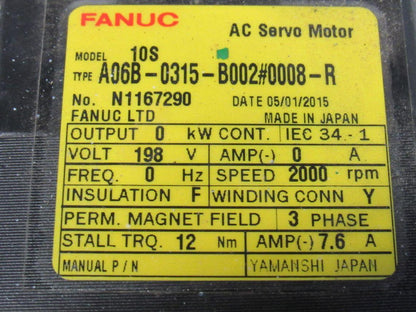 Fanuc A06B-0315-B002 10S 2000 RPM 3Ph 198V Perm Magnet 3Ph AC Servo Motor