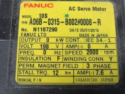 Fanuc A06B-0315-B002 10S 2000 RPM 3Ph 198V Perm Magnet 3Ph AC Servo Motor