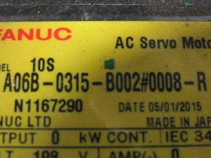 Fanuc A06B-0315-B002 10S 2000 RPM 3Ph 198V Perm Magnet 3Ph AC Servo Motor
