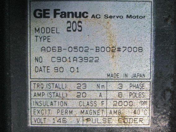 Fanuc A06B-0502-B002#7008 20S 2000RPM 3Ph 146V Perm Magnet AC Servo Motor