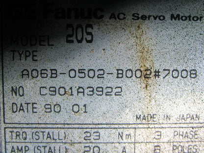 Fanuc A06B-0502-B002#7008 20S 2000RPM 3Ph 146V Perm Magnet AC Servo Motor