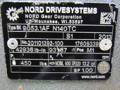 Nord SK 9053.1AF 1Hp 230/460V 931.87:1 Ratio 1.85 RPM 3" Thru Output Gear Motor