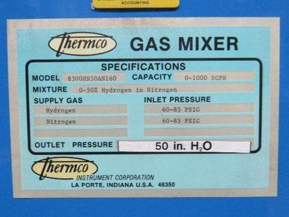 Thermco Model 8300HN50AN160 Hydrogen Nitrogen Flammable Gas Mixer Needs Gauges