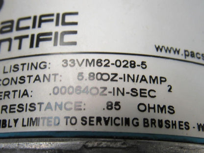 Pacific Scientific 33VM62-028-5 24V Low Inertia PMDC Servomotor W/ Tach Encoder