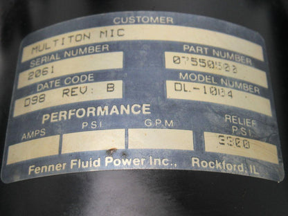 Fenner 07550500 DL-1004 Hydraulic Pump Power Unit 24VDC 3300 PSI Muliton Mic