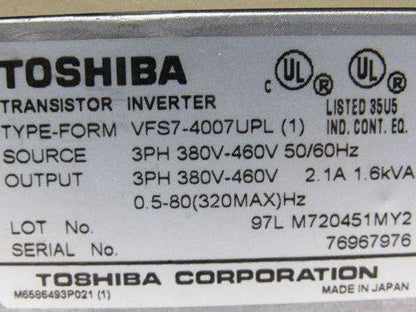 Toshiba VFS7-4007UPL 3Ph 380-460V Input 0.5-80Hz 320MAx Variable Frequency Drive