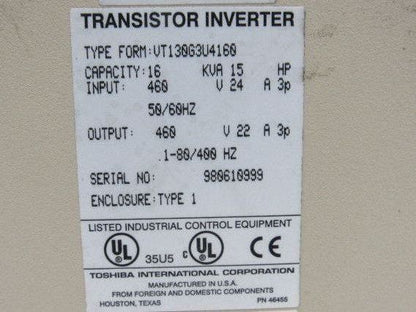 Toshiba VT130G3U4160 16kVa 15Hp 460V  .1-80/400Hz Output Transistor Inverter