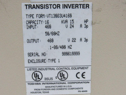 Toshiba VT130G3U4160 16kVa 15Hp 460V  .1-80/400Hz Output Transistor Inverter