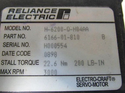 Reliance Electric H-6200-Q-H04AA 3.4kW 3000RPM Brushless Servo Motor 6166-01-810