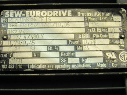 Sew Eurodrive R37 DR63M4TFIS Electric Gear Motor 277/480V 3Ph  42 RPM