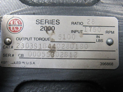 US Motors Series 2000 28:1 Ratio 1750RPM 62.5 Output Thru Shaft Gear Reducer