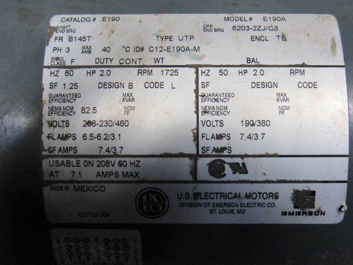 US Motors E190A 22.4:1 Ratio 78RPM 208-230/460V 3Ph Inline Helical Gear Motor