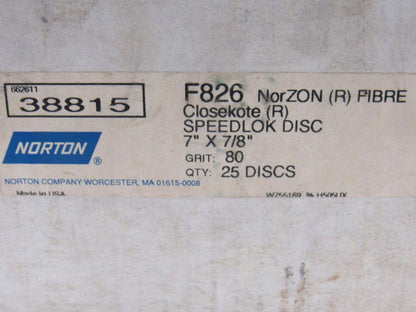 Norton F826 7" x 7/8" 80 Grit Quick Lock Fibre Disc Lot of 25