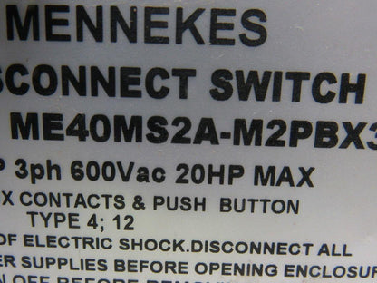 Mennekes ME40MS2A-M2PBX3 40A 3Ph 600VAC 20Hp HDI Disconnect Switch