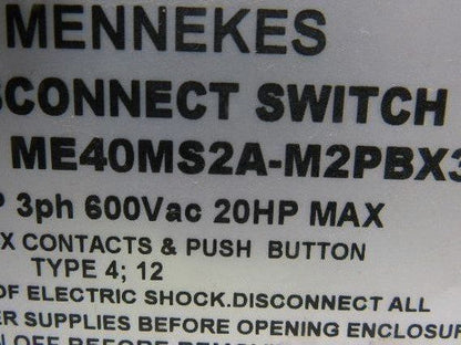 Mennekes ME40MS2A-M2PBX3 40A 3Ph 600VAC 20Hp HDI Disconnect Switch