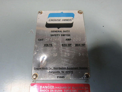 Crouse Hinds DF424A 200A 240V 3Ph 50HP Max Fusible Mechanical Disconnect