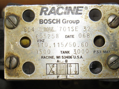 Racine FD4 BSHS 701SE Solenoid Pilot Operated 3 Position Spool Valve Unit 115V