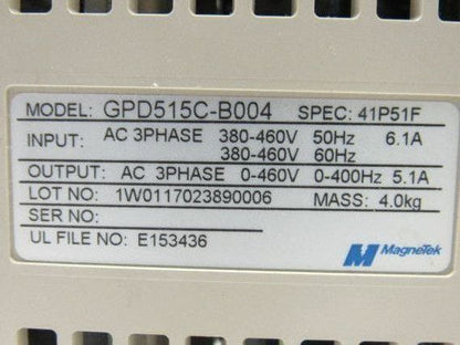 Magnetek GPD 515C-B004 Variable Speed AC Drive 0-400Hz 5.1A 3 Phase