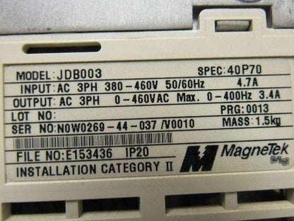 Magnetek JDB003 Variable Speed AC Drive 0-460V 0-400Hz 3.4A 3 Phase