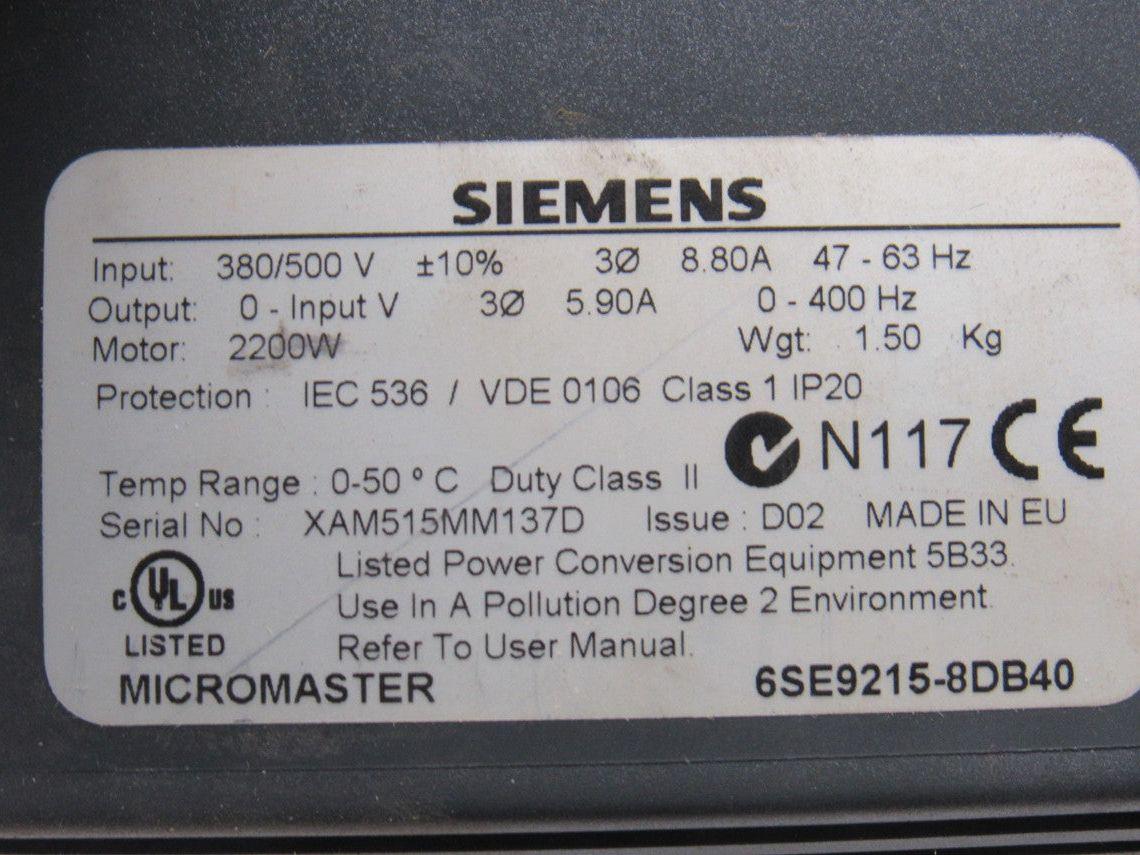 Siemens 6SE9215-8DB40 Micromaster Drive 4Hp 0-400Hz W/Interference Filter
