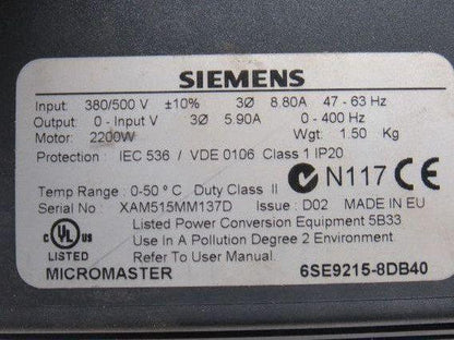 Siemens 6SE9215-8DB40 Micromaster Drive 4Hp 0-400Hz W/Interference Filter