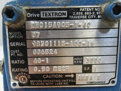 Cone Drive MH015A905-1-40 Gearbox 40:1 Reducer 3000/75rpm 0.5Hp LH 48 Frame