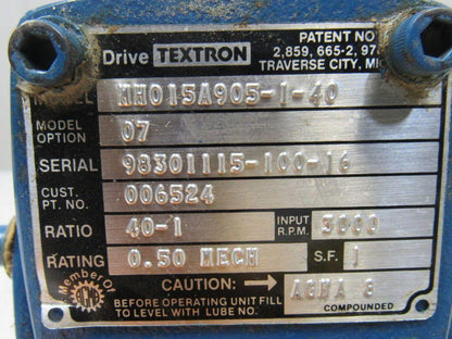 Cone Drive MH015A905-1-40 Gearbox 40:1 Reducer 3000/75rpm 0.5Hp LH 48 Frame