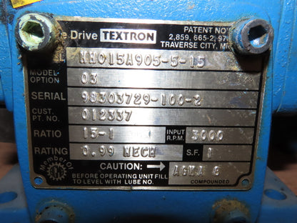 Cone Drive MH015A905-5-15 Gearbox 15:1 Ratio 1Hp 3000/200rpm Dual Output 48 Fr