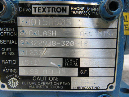 Cone Drive Backlash Option 15:1 Ratio .99Hp 3000RPM Inline RH Dual Output Gear