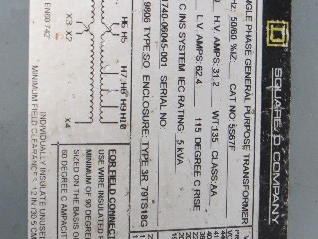 Square D 5S67F 240/440V Pri 110/220 V Sec 5kVa 1Ph Transformer