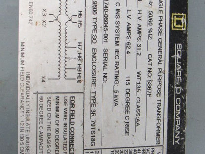 Square D 5S67F 240/440V Pri 110/220 V Sec 5kVa 1Ph Transformer