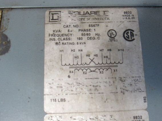 Square D 5S67F 440V Pri 110/240V Sec 1Ph 5kVa 50/60Hz Transformer