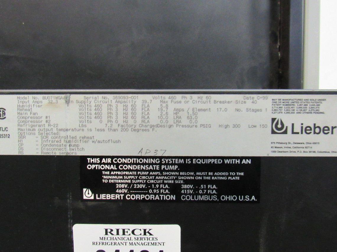 Liebert BU071WAA Liebert Upflow liquid Cooled AC 460v 3Ph
