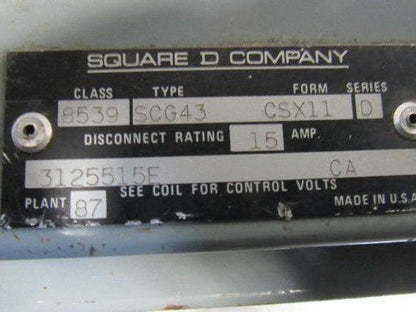 Square D 8539 SCG43 15A NEMA Size 1 Starter Disconnect Combo