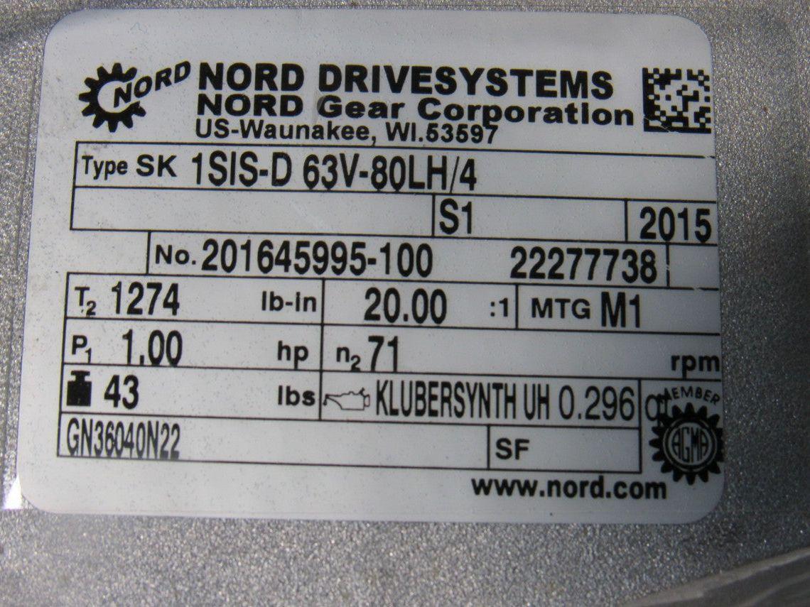 Nord SK 1SIS-D 63V-80LH/4 20:1 87RPM 230/460V 50/60Hz LH Gear Motor