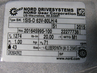 Nord SK 1SIS-D 63V-80LH/4 20:1 87RPM 230/460V 50/60Hz LH Gear Motor
