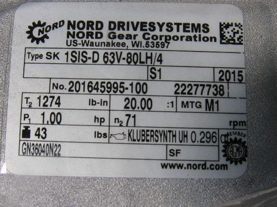 Nord SK 1SIS-D 63V-80LH/4 20:1 87RPM 230/460V 50/60Hz LH Gear Motor