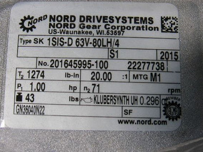 Nord SK 1SIS-D 63V-80LH/4 20:1 87RPM 230/460V 50/60Hz LH Gear Motor