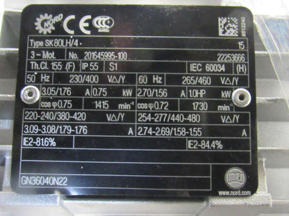 Nord SK 1SIS-D 63V-80LH/4 20:1 87RPM 230/460V 50/60Hz LH Gear Motor