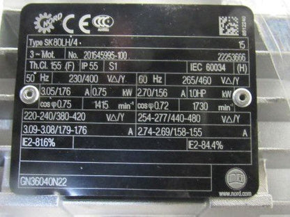 Nord SK 1SIS-D 63V-80LH/4 20:1 87RPM 230/460V 50/60Hz LH Gear Motor