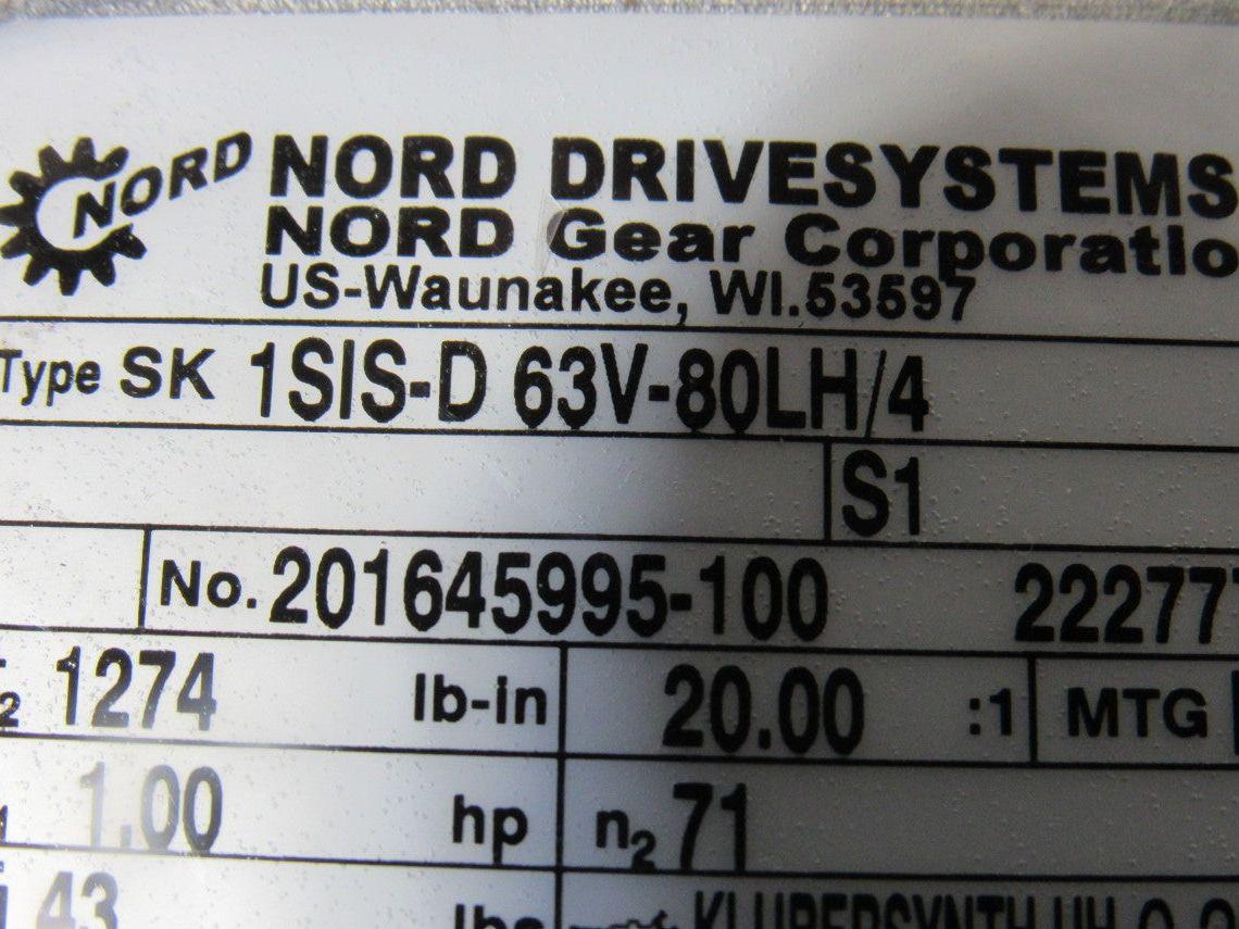 Nord SK 1SIS-D 63V-80LH/4 20:1 87RPM 230/460V 50/60Hz LH Gear Motor