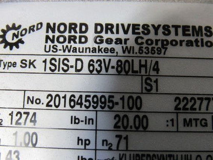 Nord SK 1SIS-D 63V-80LH/4 20:1 87RPM 230/460V 50/60Hz LH Gear Motor