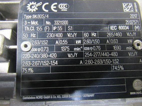 Nord SK80S/4 20:1 Ratio 84RPM 0.63kW 265/480V 50/60Hz RH Output Gear Motor