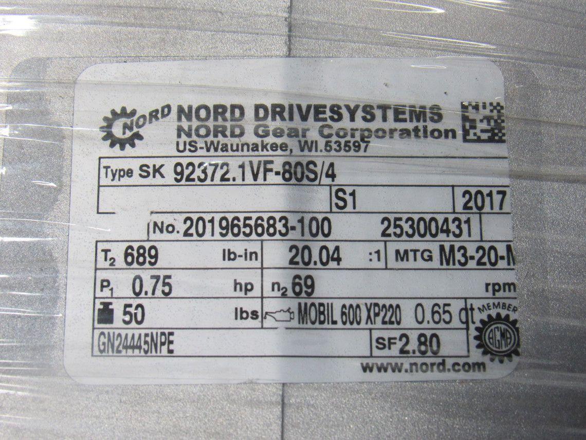 Nord SK80S/4 20:1 Ratio 84RPM 0.63kW 265/480V 50/60Hz RH Output Gear Motor