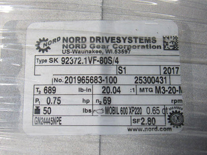 Nord SK80S/4 20:1 Ratio 84RPM 0.63kW 265/480V 50/60Hz RH Output Gear Motor