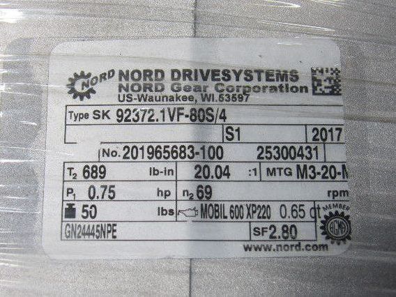 Nord SK80S/4 20:1 Ratio 84RPM 0.63kW 265/480V 50/60Hz RH Output Gear Motor