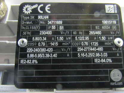 Nord SK 92772.1V-90LH/4 21.14:1 Ratio 81.5RPM 265/460V 50/60Hz LH Gear Motor
